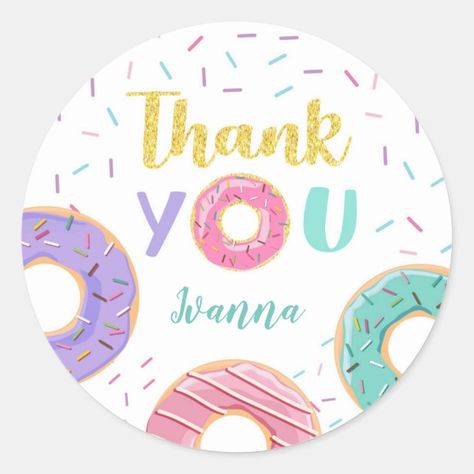 Pegatina Redonda Pegatinas a favor de la fiesta de cumpleaños no nu | Zazzle.com Donut Logo, Donut Birthday Party, Donut Birthday Parties, Birthday Labels, Donut Birthday, Girl Birthday Themes, Birthday Tags, Donut Party, Bakery Logo Design