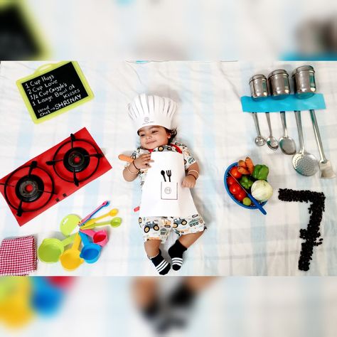 #chef  #cute #7monthphotoshoot Chef Theme Baby Photoshoot, Kitchen Theme Baby Photoshoot, Baby Chef Photo, Kitchen Photoshoot Ideas, 7 Months Baby Photoshoot, Baby Birthday Design, 7 Months Baby Food, Princess Photoshoot, Photoshoot Theme