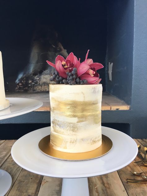 One tier gold brushed cake by The Birdcage Stellenbosch Gold Brushed Cake, The Birdcage, Bird Cage, Cake Decorating, Cake, Birthday, Gold