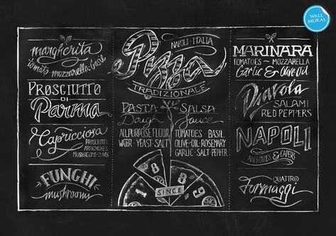 Chalkboard Pizza' (Wall Mural). Product ... Pizza Menu Chalkboard, Pizza Chalkboard Art, Pizza Chalkboard, Pizza Menu Design, Basil Water, Chalkboard Typography, Pizza Branding, Pizza Menu, Chalk Wall