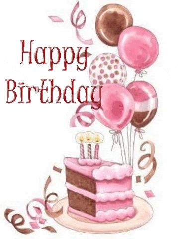 Happy Birthday via GIPHY  - gif, pink and brown balloons, chocolate cake and candles, streamers. Happy Birthday Alexandra, Birthday Cake Illustration, Birthday Greetings Friend, Happy Birthday Greetings Friends, Happy Birthday Wishes Cards, Happy Birthday Meme, Birthday Wishes And Images, Happy Birthday Pictures, Birthday Blessings