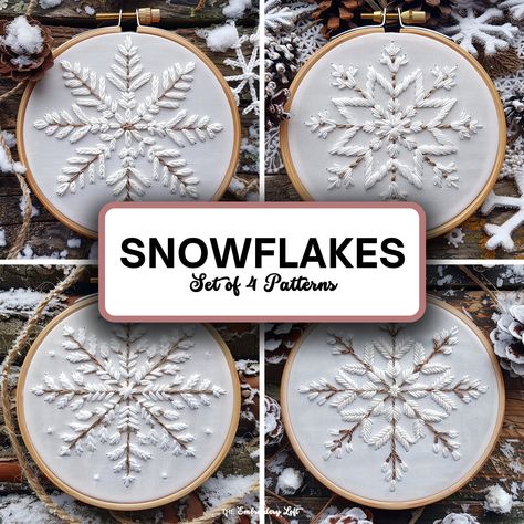 DESCRIPTION Ring in the new winter season with this Set of 4 Winter Snowflake hand embroidery patterns! Get your hoop ready and let's stitch up some holiday magic with this delightful embroidery project! Happy stitching! This listing is for a digital PDF pattern, which includes: ~ Printable pattern scaled to fit 3" to 8" hoops ~ DMC color and stitch suggestions ~ Beginner's Guide to Hand Embroidery with a FREE sample pattern ~ Beginner's Guide available in English, Español, Français and Deutsch Embroidery Snowflake Patterns, Winter Embroidery Designs, Yule Embroidery, January Embroidery, Simple Christmas Embroidery, Winter Embroidery Patterns, Snowflake Embroidery Pattern, Winter Hand Embroidery, Embroidery Patterns Christmas