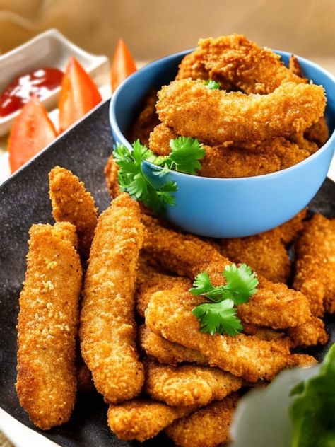 Vegan chicken nuggets on a plate: a delicious crispy golden vegan chicken tenders recipe Vegan Chicken Tenders, Panko Crusted Chicken Tenders, Bake In The Air Fryer, Best Vegan Chicken, Plant Based Chicken, Gluten Free Fried Chicken, Panko Crusted Chicken, Vegan Chicken Nuggets, Chicken Nuggets Recipe