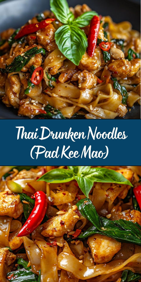 Thai Drunken Noodles (Pad Kee Mao) is a spicy and savory stir-fried noodle dish loaded with garlic, chilies, fresh basil, and tender protein. Despite the name, there’s no alcohol in the recipe! These noodles are famous for their bold flavors and are perfect for a quick, satisfying meal. Thai Drunken Noodles (pad Kee Mao), Drunken Noodles Thai, Spicy Drunken Noodles, Thai Noodle Recipe, Pad Kee Mao Recipe, Oyster Sauce Substitute, Thai Noodle Bowl, Wedding Cuisine, Pad Kee Mao