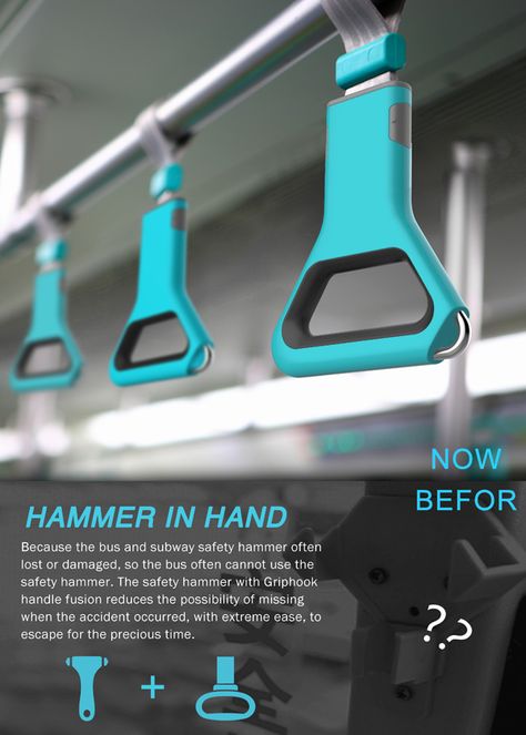 Hammer In Hand – Emergency Handle by Shi Qiang - The Hammer in Hand concept integrates a clever window-shattering hammer, which can be used in case of an emergency situation in a train or a bus. Read more at http://www.yankodesign.com/2013/12/04/this-hammer-will-hurt-em/#qHk3LzIGRc4l6vZD.99 Industrial Design Portfolio, Bus Interior, New Technology Gadgets, Presentation Layout, Industrial Design Sketch, Design Research, Yanko Design, Universal Design, Smart Design