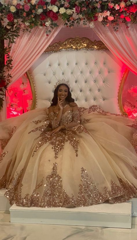 15 Dresses Quinceanera White, Quince Suprise Outfits, Sweet 16 Dresses Gold, Pink And Gold Quinceanera Dress, White And Gold Quinceanera Dresses, Brown Quinceanera Dresses, Sweet 15 Dresses Quinceanera, Gold Quinceanera Dresses, Right Wedding Dress