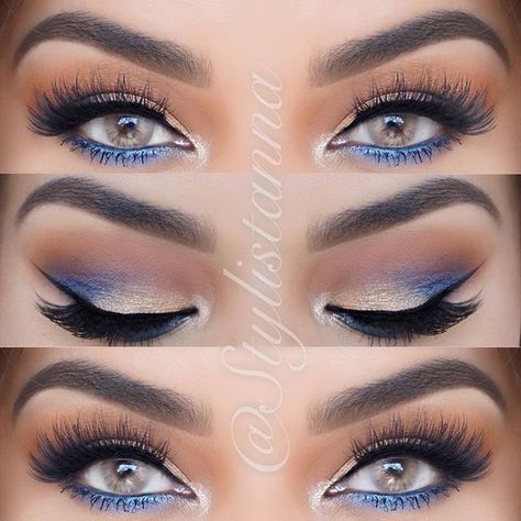 Pretty Makeup For Blue Eyes, Settle Blue Eye Makeup, Step By Step Blue Eye Makeup, Dodger Makeup Ideas, Dusty Blue Wedding Makeup, Natural Blue Eye Makeup, Blue Bridal Makeup, Blue And Silver Makeup Looks, Royal Blue Makeup Looks