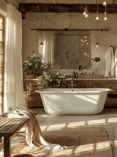 Explore enchanting farmhouse rustic bathroom ideas that bring soulful elegance to your home. Discover how to merge timeless rustic charm with contemporary comfort through inspiring designs that speak to the heart, transforming your bathroom into a haven of tranquility and style. #farmhousebathroomideas Luxury Wellness Aesthetic, Rustic Bathroom Designs Farmhouse Style, Barndominium Bathroom, Farmhouse Rustic Bathroom, French Style Bathroom, Rustic Bathroom Ideas, Farmhouse Bathroom Ideas, Farmhouse Bathroom Design, Rustic Bathroom Designs