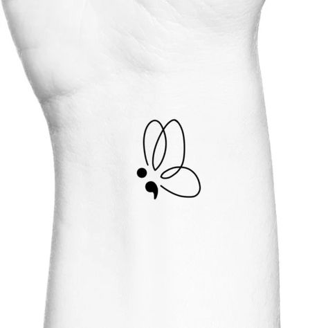 Line Art Semicolon Tattoo, Tattoos For Resilience, Butterfly With Semicolon, Semi Colon Butterfly, Small Dope Tattoos, Semicolon Tattoos, Firefly Tattoo, Colon Tattoo, Heart Temporary Tattoos