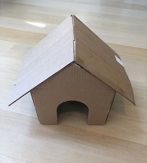 Upcycle DIY: Toby's Dog House - Little Passports Dog House Out Of Cardboard Boxes, Diy Small Dog House, Cardboard Dog House, Cardboard Dog, Pet Study, Pet Activities, Kennel Diy, Upcycle Diy, Pet Parade