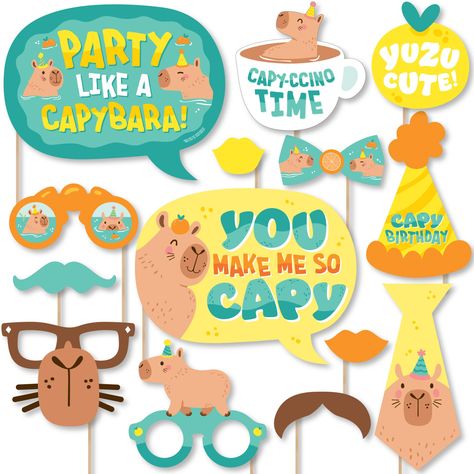 PRICES MAY VARY. Capy Birthday 20-Piece Photo Booth Props Kit includes 20 assorted cut-outs shapes, 20 prop kit sticks, and stickers for assembly. Party Must-Have: Great for any crowd, the Cute Animal photo props will have everyone ready to take funny pics! Make memories and be sure to share all the fun Capybara Party photos! Party Decorations: Use the photo booth props in a variety of ways! Use them for photos, as table centerpiece decorations, or adhere as wall decor! High-Quality Supply: Capy Party Photo Booth Props, Birthday Photo Booths, Table Centerpiece Decorations, Birthday Photo Props, Birthday Party Hats, Party Photo Booth, Booth Props, Photo Booth Backdrop, Party Photo