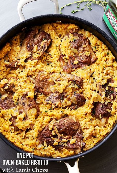 Mom's One Pot Oven-Baked Risotto with Lamb Chops Recipe - Stunning, one pot meal that the whole family will love! Baked Risotto Recipes, Baked Lamb Chops, Baked Risotto, Lamb Chops Recipe, Risotto Recipes Easy, Lamb Chop Recipes, Roasted Vegetables Oven, Chops Recipe, Risotto Recipes