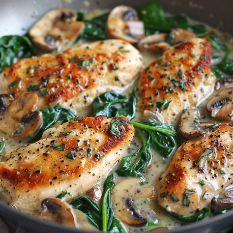 🍗🍄 Indulge in Creamy Parmesan Chicken with Spinach and Mushrooms tonight! #CreamyChickenDelight Chicken with Spinach and Mushrooms in Creamy Parmesan Sauce Ingredients: Chicken breasts Fresh spinach Mushrooms, sliced Heavy cream Parmesan cheese Garlic, minced Olive oil Instructions: Sauté chicken in olive oil until golden; set aside. In the same pan, cook mushrooms and garlic. Add spinach, cream, and Parmesan. Simmer. Return chicken to pan and coat with sauce. 🍴✨ Experience the rich, savory... Chicken With Spinach And Mushrooms, Sauté Chicken, Cook Mushrooms, Chicken With Spinach, Creamy Parmesan Chicken, Spinach And Mushrooms, Creamy Parmesan Sauce, Instagram Recipes, Twisted Recipes