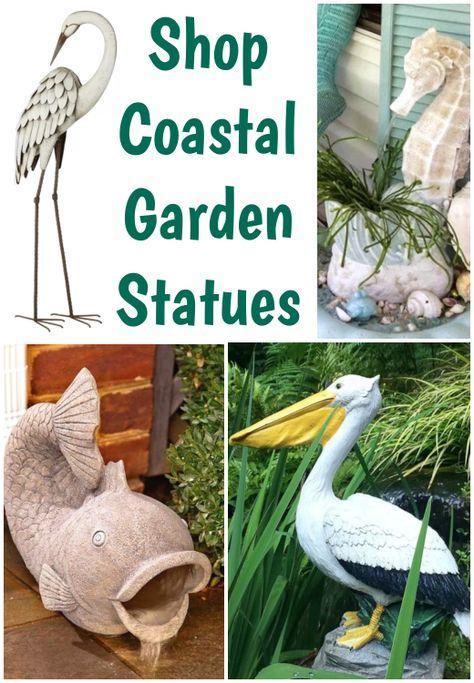 Enjoy your favorite sea life creature and/or shore bird in your garden or on your patio. You can shop all kinds of coastal theme garden statues in these online stores. Featured on Completely Coastal. From Pelican Statues to Seahorse Statues, Fish, and much more. Coastal Garden Statues, Beach Yard Decor, Pelican Statue Outdoor, Coastal Yard Decor, Coastal Garden Decor, Mermaid Garden Ideas, Nautical Patio Decorating Ideas, Beach Garden Ideas Coastal Style, Beach Patio Ideas