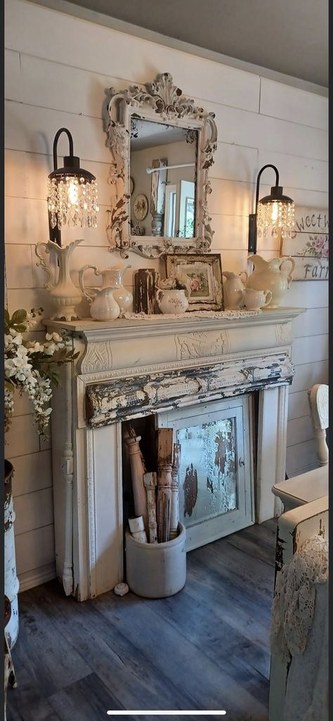 Shabby Chic Fireplace, Faux Mantle, Farmhouse Mantle Decor, Farmhouse Fireplace Decor, Faux Fireplace Mantels, Country Cottage Farmhouse, Rustic Decorations, Brick Fireplace Makeover, Fireplace Mantle Decor