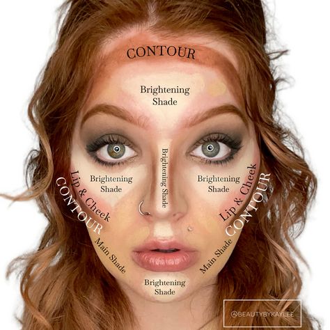 Easy Highlight and Contour Placement that only requires one layer of makeup. #aesthetic #makeuptutorial #contour Makeup Diagram, Contour Placement, Makeup Placement Face, Makeup Placement, Face Makeup Steps, Face Contouring Makeup, Maskcara Makeup, Natural Makeup Tips, Contour Makeup Tutorial