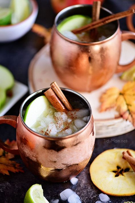 Halloween Party Shots, Carmel Vodka, Apple Moscow Mule, Mule Cocktails, Apple Cider Moscow Mule, Bourbon Apple Cider, Ginger Beer Cocktail, Pumpkin Smash, Caramel Vodka