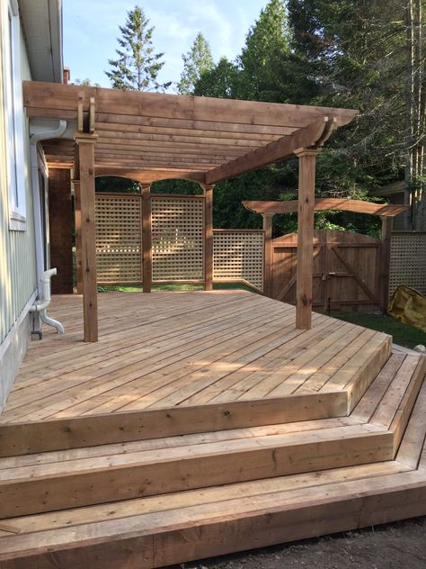 Wood And Stone Deck, Deck Against Fence, Lakeside Deck Ideas, Wooden Deck Ideas, Stone Deck, Deck Remodel, Deck Building, Wooden Deck, Custom Decks