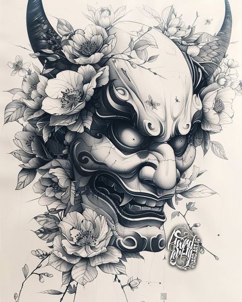 Japanese Flowers Tattoo, Black And Grey Tattoo Design, Hannya Maske Tattoo, Calf Sleeve Tattoo, Hannya Maske, Japanese Mask Tattoo, Oni Mask Tattoo, Oni Tattoo, Hannya Mask Tattoo