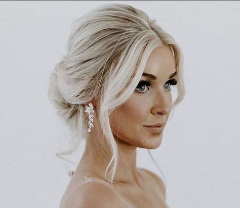 Wedding Updo With Front Pieces, Bridesmaids Hair Low Bun, Bridal Hair With Dress, Bride Blonde Hairstyles, Wedding Simple Updo Brides, Low Bun Wedding Hair Veil, Low Messy Bun Wedding Hair With Veil, Veil In Updo, Timeless Wedding Hair Up Dos