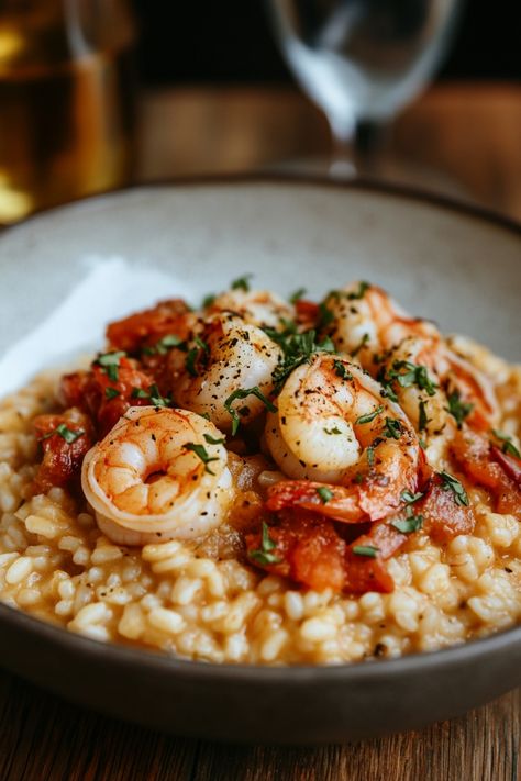 Shrimp risotto garnished with herbs on a white plate. Shrimp Rositto, Shrimp Rice Recipe, Yummy Shrimp Recipes, Risotto Recipes Easy, Shrimp And Rice Recipes, Shrimp Risotto, Shrimp Rice, Spicy Shrimp Tacos, Creamy Shrimp