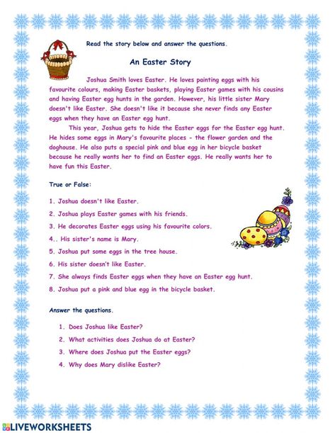 Easter Reading Comprehension Worksheets, Easter English Worksheet, Easter Reading Activities, Easter Worksheets For Kids, Easter Reading Comprehension, Spring Worksheet, Easter Baskets To Make, Easter Worksheets, English Stories For Kids