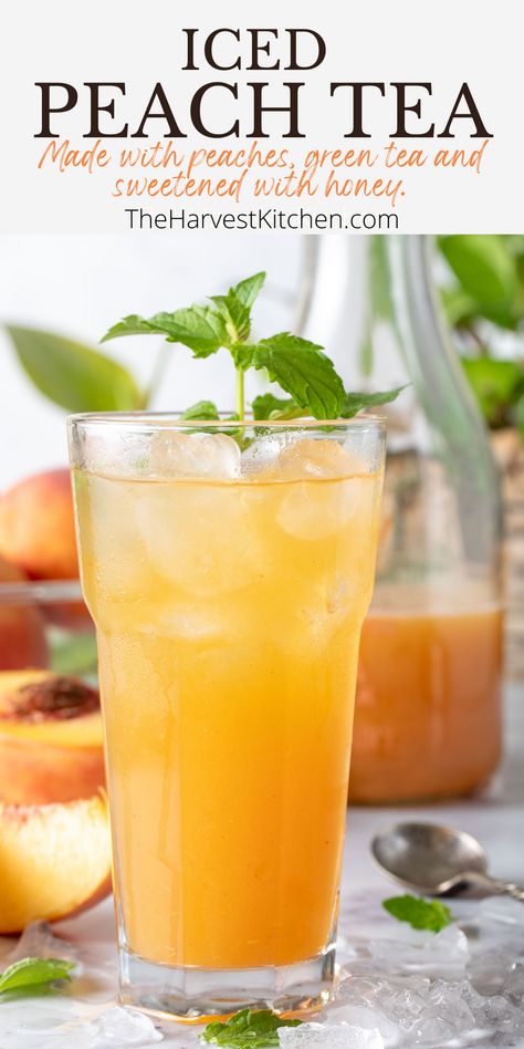 This Peach Green Tea recipe is made with peaches blended with green tea and sweetened with honey. If you love a fruity sweet tea, then you’ll love this peach iced tea. It’s light and refreshing and you’ll want to sip on all day long! It also makes  makes a festive drink to serve at birthday parties, baby showers and other special occasions. Peach Green Tea Recipe, Iced Peach Green Tea, Peach Tea Recipe, Peach Iced Tea, Peach Green Tea, How To Peel Peaches, Harvest Kitchen, Green Tea Recipes, Peach Ice Tea