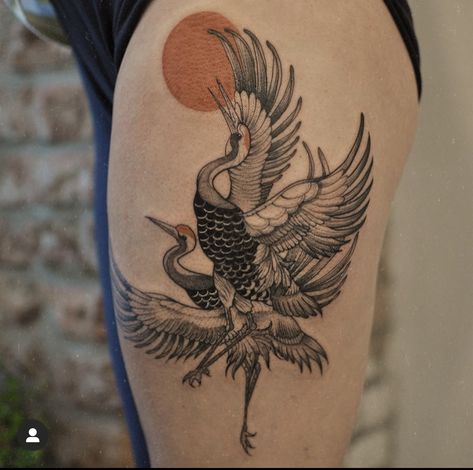 Japanese Style Crane Tattoo, Crane Tattoo Men, Crane Hip Tattoo, Crane Back Tattoo Women, Japanese Swan Tattoo, Crane Shoulder Tattoo, Crane Tattoo Shoulder, Cranes Tattoo, Japanese Crane Tattoo