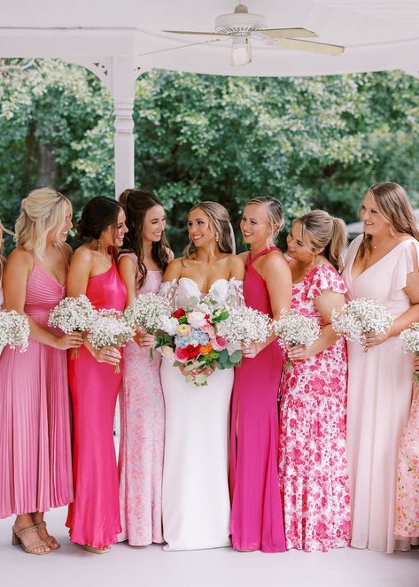 Intimate Wedding in Georgia in Bold Pink ⋆ Ruffled Pink Bridesmaid Dresses Mismatched, Hot Pink Bridesmaid Dresses, Bright Pink Wedding, Apple Blondies, Hot Pink Bridesmaids, Company Photo, Hot Pink Weddings, Bridesmaids Dress Inspiration, Pink Wedding Theme