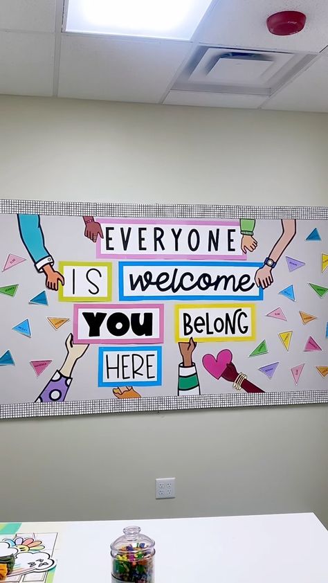 Cute Board Ideas For School, All School Bulletin Board Ideas, Welcome Wall Classroom, Sense Of Belonging Bulletin Board, School Wall Board Ideas, Lobby Bulletin Board Ideas, You Belong Here Classroom Door, You Belong Here Classroom, Hallway Bulletin Boards Student Work