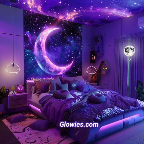 Purple Galaxy Bedroom, Camas Aesthetic, Bedroom Lake House, Green Bedroom Aesthetic, Dark Blue Bedroom, Galaxy Bedroom, Fantasy Galaxy, Bedroom Castle, Classy Bedroom Decor