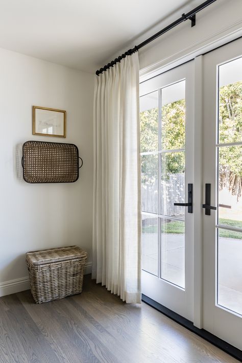 Doors With Curtains French, Furniture In Front Of French Doors, Sheer Curtains French Doors, Curtains On Back Door, Back Door Drapes, Door In Bedroom To Outside, Bedrooms With Patio Doors, Dining Room Door Curtains, Living Room Door Curtains Ideas