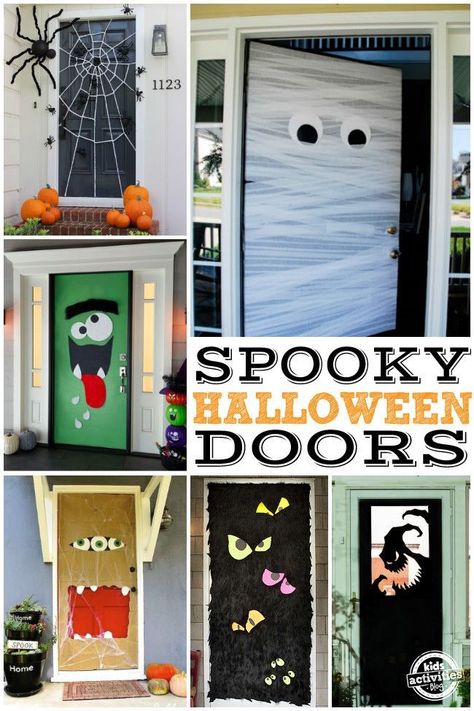 Halloween door decorating ideas!  These Halloween doors are simply the cutest! Halloween Doors, Diy Halloween Door Decorations, Halloween Diy Door, Halloween Front Door Decorations, Dekorasi Halloween, Halloween Front Doors, Halloween Fest, Casa Halloween, Adornos Halloween