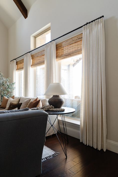 Curtains For Very Wide Windows, Curtains Wide Windows, 3 Panel Window Curtains, Curtains For Windows Close Together, Modern Farmhouse Dining Room Curtains, Curtains Long Windows, Three Windows Curtains, One Curtain Rod Two Windows, 4 Window Curtain Ideas