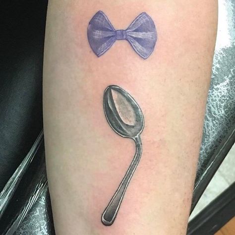 violet-bow-with-white-details-and-a-bent-silver-spoon-tattooed-together-to-form-a-semi-colon-semicolon-tattoo-meaning-on-the-inside-of-a-person-s-arm Spoon Tattoo, Semicolon Tattoo Meaning, Semicolon Tattoos, Bent Spoon, Moving On Tattoos, Tattoo Journal, Phönix Tattoo, Tattoos Pictures, Awareness Tattoo