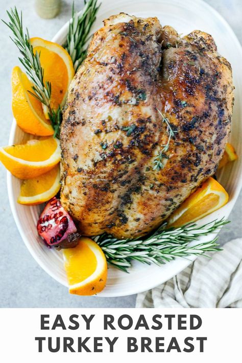 This oven-roasted turkey breast is cooked in a fraction of the time of a whole turkey and requires much less work. The skin on this turkey breast is extra crispy and the inside perfectly tender and moist. #thanksgiving #thanksgivingrecipes #roastedturkeybreast Turkey Breast Thanksgiving, Easy Roasted Turkey, Thanksgiving Turkey Breast, Oven Roasted Turkey Breast, Small Thanksgiving, Cooking Turkey Breast, Paleo Meat Recipes, Healthy Thanksgiving Recipes, Oven Roasted Turkey