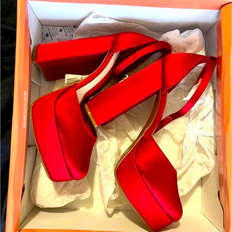 Never Worn! Bought 4 Months Ago And Has Been Sitting In The Box Ever Since. Fun Red Heels, Red Satin Heels, Mini Wedding Dresses, Red High Heels, Red Pumps, Mini Wedding, Gianni Bini Shoes, Satin Heels, Red High