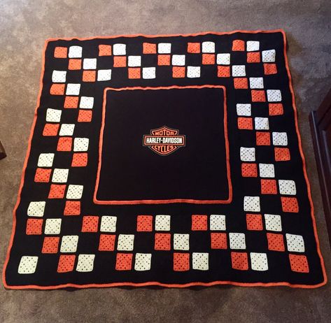 Harley Davidson Crochet Blanket, Motorcycle Crochet, Harley Davidson Crochet, Crochet Sampler Afghan Pattern, Crochet Sampler Afghan, Ohio State Colors, Harley Davidson Crafts, Harley Davidson Logo, Corner To Corner Crochet