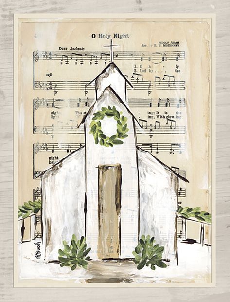 White Country Church with Music Christmas Boxed Notelets Painted Houses Art, Folkart Christmas Painting, Christmas Navity Decor, Painting Christmas Gift Ideas, Watercolor Art Nativity, Christmas Crafts With Hymnal Pages, Line And Wash Watercolor Christmas Cards, Painted Churches On Wood, Decorating A Church For Christmas