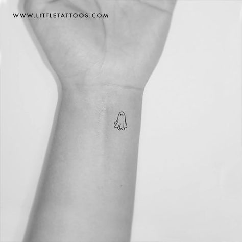 Tiny Ghost Tattoo Matching, Tiny Ghost Tattoo Simple, Minimalistic Ghost Tattoo, Behind The Ear Ghost Tattoo, Tiny Tattoos Ghost, Ghost Tattoo Placement Ideas, Matching Ghosts Tattoos, Ghost Dancing Tattoo, Small Ghost Tattoo Finger