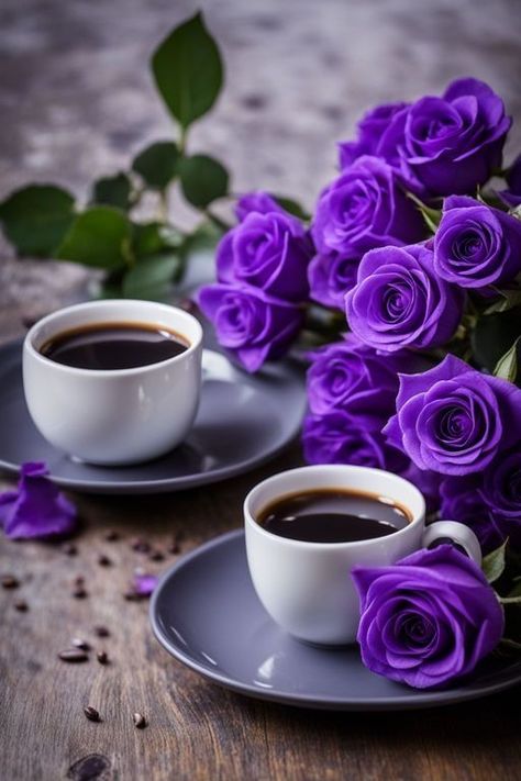 Morning Coffee And Flowers, Two Cups Of Coffee, Purple Images, Violet Roses, Good Morning Messages Friends, Susi Rejano, Romantic Coffee, Metal Bender, Coffee And Flowers