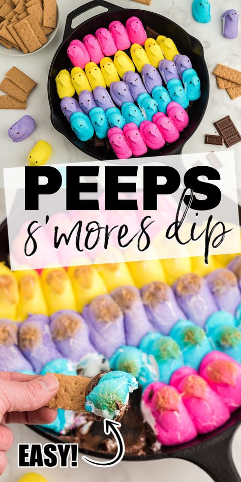 Easter Peeps Smores Dip, Chocolate Dipped Peeps, Peep Dip Recipe, Peeps Smores Easter, Peeps Recipes Desserts, Peep Dessert Ideas, Peep Smores Dip, Peeps Smores Dip, Recipes With Peeps