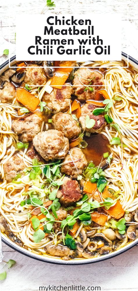 Meatball Ramen Noodle Recipes, Chicken Meatball Noodle Soup, Ramen Meatballs, Meatball Ramen, Ramen Noodle Recipe, Meatballs Healthy, Meatballs Dinner, Mushroom Ramen, Soup Ramen