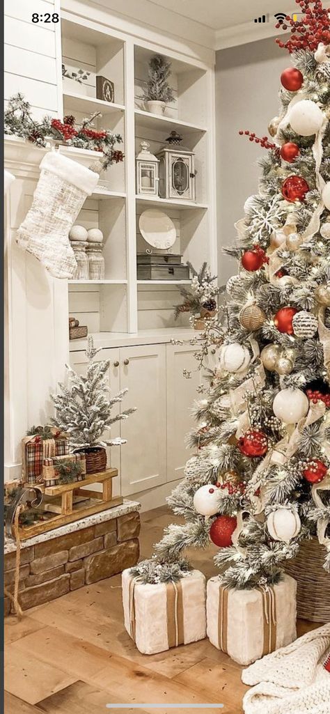 Christmas Tree Theme Red And White, Classic Santa Christmas Tree, Red Cream Christmas Tree, Red White And Beige Christmas Tree, Red White And Champagne Christmas Tree, Neutral Red Christmas Tree, Red And White Rustic Christmas Tree, Cream And Red Christmas Tree, Red And Beige Christmas Decor