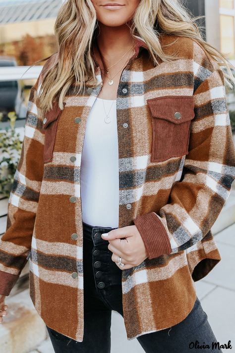 Olivia Mark - Brown checked buttoned shirt jacket with pockets Top Jean, Plaid Shacket, Top Jeans, Casual Joggers, Jean Top, Brown Plaid, Plaid Jacket, Brown Fashion, Plaid Flannel