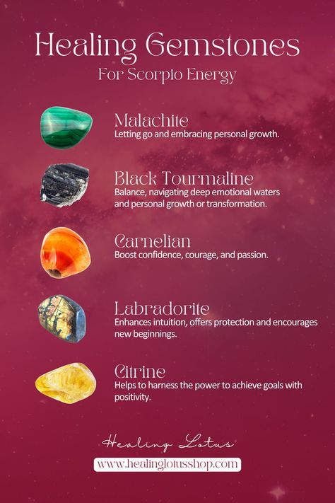 Gemstone Chart: Malachite, Black Tourmaline, Carnelian, Labradorite, Citrine Scorpio Energy, Gemstones Chart, Adornment Jewelry, Spiritual Candles, Scorpio Season, Premium Jewelry, Confidence Boost, Black Tourmaline, Gemstone Healing