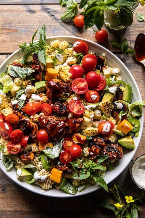 BBQ Chicken Ranch Pasta Salad | halfbakedharvest.com Pasta Salad Half Baked Harvest, Bbq Chicken Pasta Salad, Bacon Pasta Salad, Bbq Chicken Pasta, Salad Appetizer Cups, Classic Pasta Salad, Half Baked Harvest Recipes, Chicken Ranch Pasta, Avocado Pasta Salad