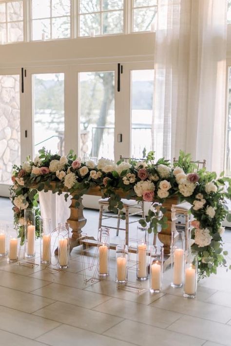 Sweetheart Table Floral Garland, Table Floral Runner, Creative Wedding Table Numbers, Number Ideas, Long Tables, Throne Of Grace, Head Tables, Main Table, Sweetheart Table Wedding