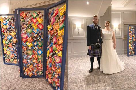 Snack-loving Scots couple delight wedding guests with wacky DIY ‘crisp wall’ at reception – for just £75 – The Scottish Sun | The Scottish Sun Diy Crisp Wall, Diy Crisp Wall Wedding, Crisp Wall Wedding, Crisp Wall, Snack Wall, 18th Party, Navy Blue Paint, Animal Attack, Future Wedding Plans