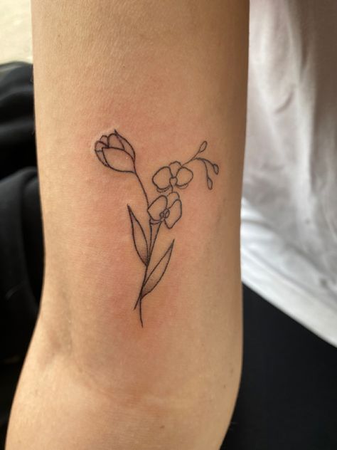 Tulip And Orchid Bouquet Tattoo, Tulip And Orchid Tattoo, Flower Arm Tattoo, Tattoo 2023, Future Board, Tulip Tattoo, Orchid Tattoo, Bouquet Tattoo, Orchid Bouquet